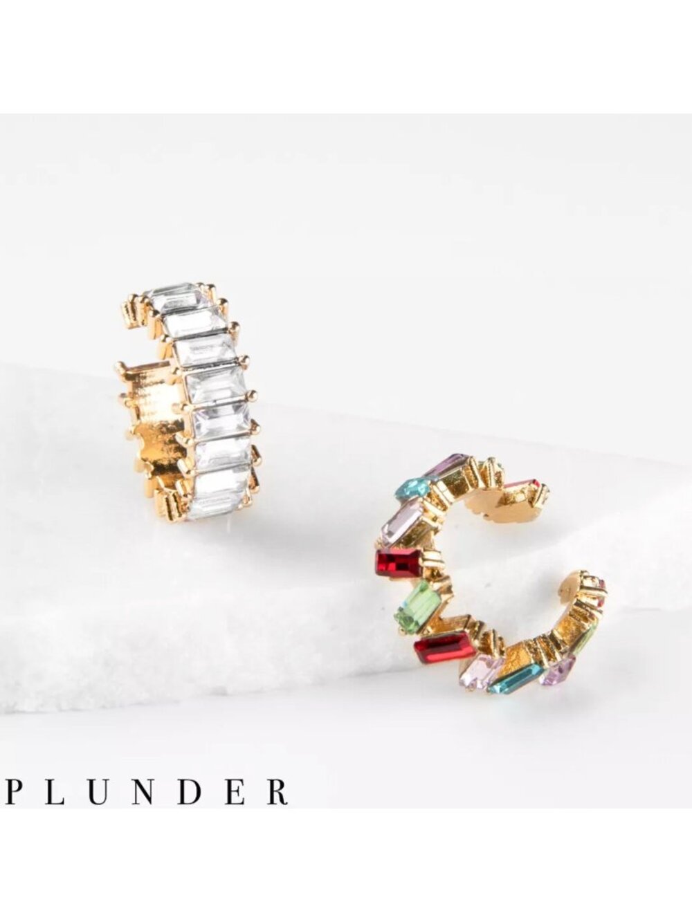 Plunder Design RHINESTONE Earrings Rainbow Clear Ear Cuffs Retired New in Box